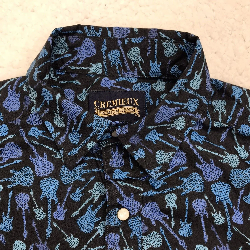 VTG Cremieux Premium Button Shirt Mens SMALL Guitars Black Blue Short Sleeve Y2K